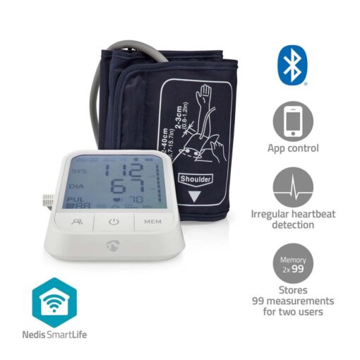 Nedis BTHBP10WT Smartlife Bloeddrukmeter Arm Bluetooth® Lcd-scherm 22 - 42 Cm Aanduiding Van Stil Houden / Detectie Van Onregelmatige Hartslag / Detectie Voor Het Dragen Van Armband Wit